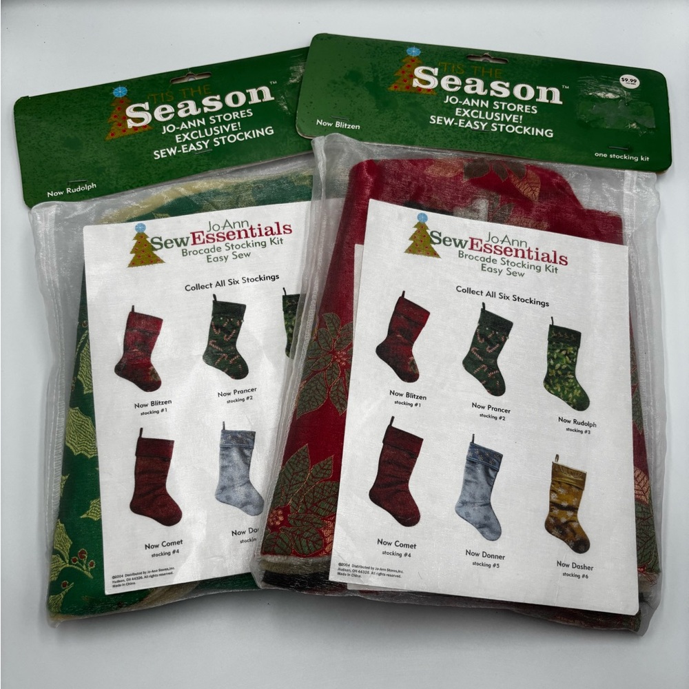 (2) NEW TIS THE SEASON JO-ANN BROCADE STOCKING KIT EASY SEW DIY BLITZEN/RUDOLPH